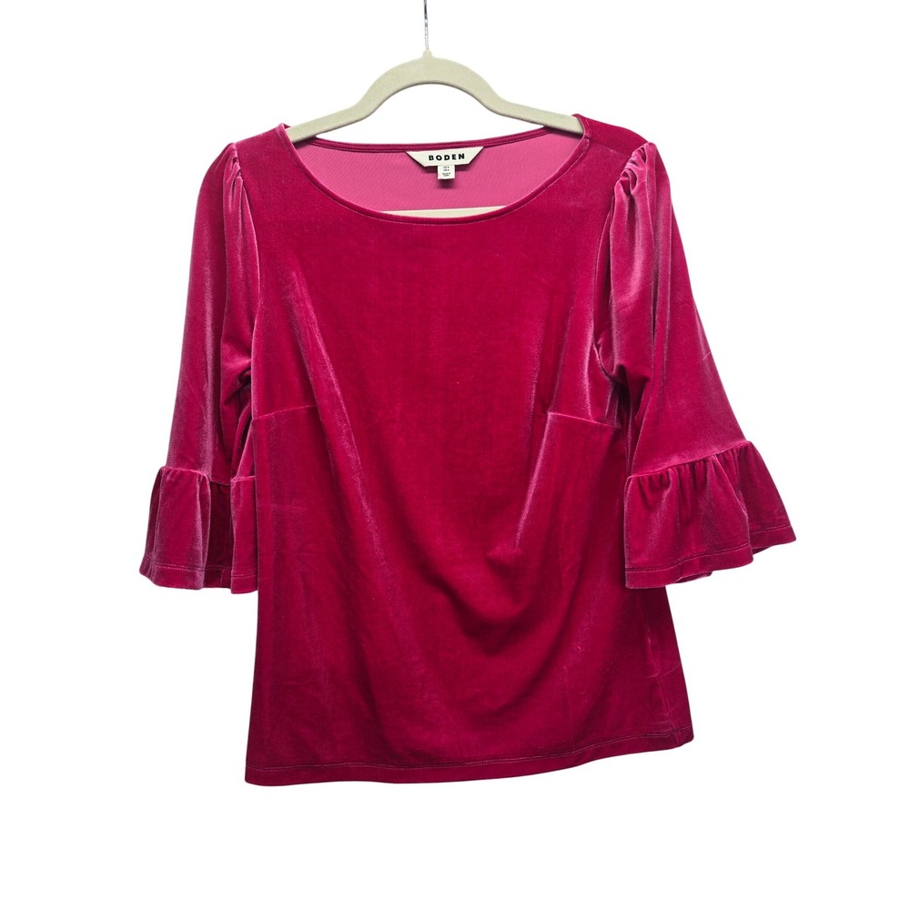 Boden‎ Hot Pink Velvet Ruffle-Cuff Top Boat Neck Blouse US 4 Velour Barbiecore